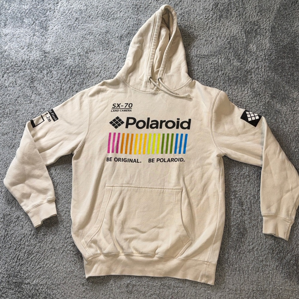 Polaroid SX-70 Land Camera Graphic Hoodie Mens Size M Cream Rainbow Retro Fleece